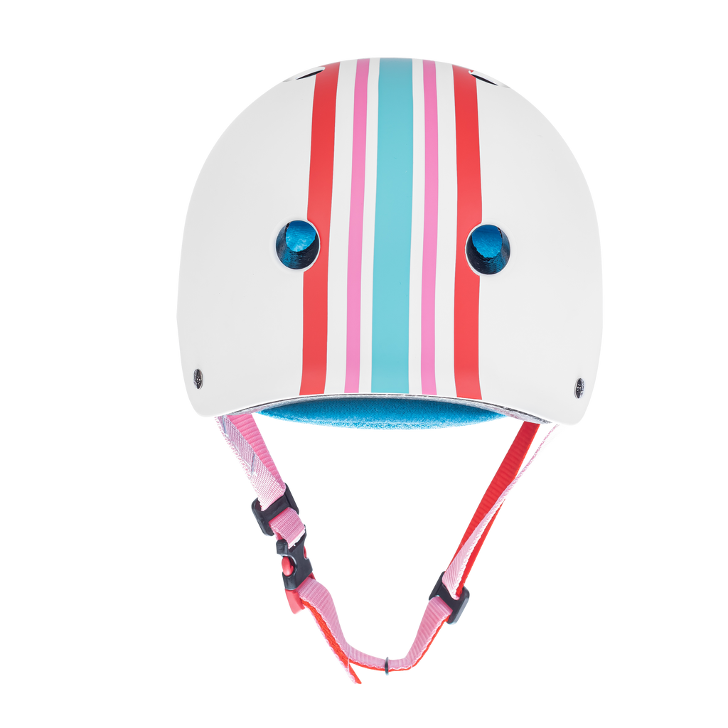 Back of Moxi Helmet named Stripey.  White helmet. The stripes go through the center and are red, pink and light blue.