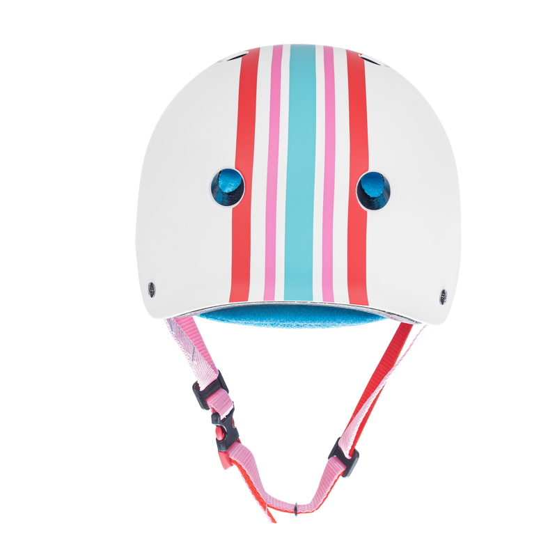 Back of Moxi Helmet named Stripey.  White helmet. The stripes go through the center and are red, pink and light blue.