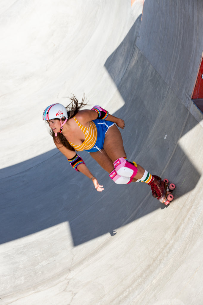 Legs skating while wearing Moxi helmet